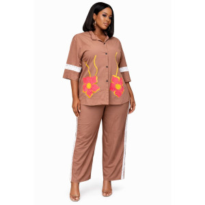 Womens Two Piece Floral Print Button Down Shirt and Trouser Set